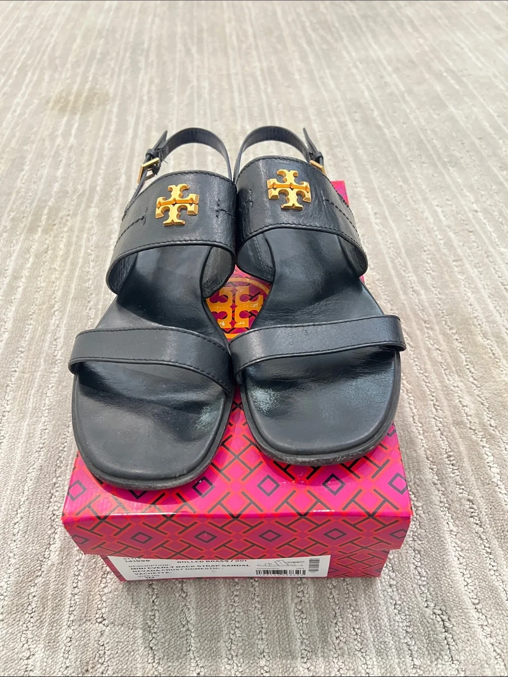 Tory Burch Black Leather Slingback Sandals with Gold Logo Emblem